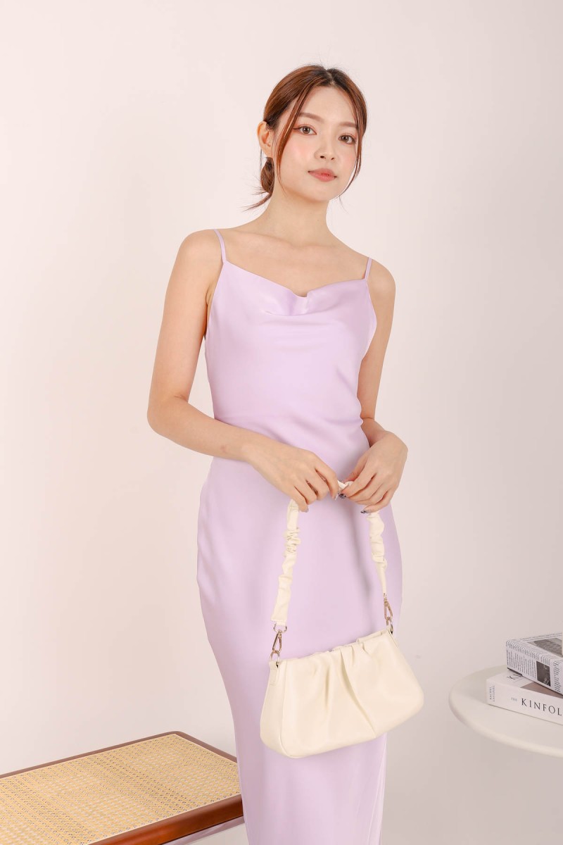 Sandy Satin Cowl Neck Maxi Dress in Lilac