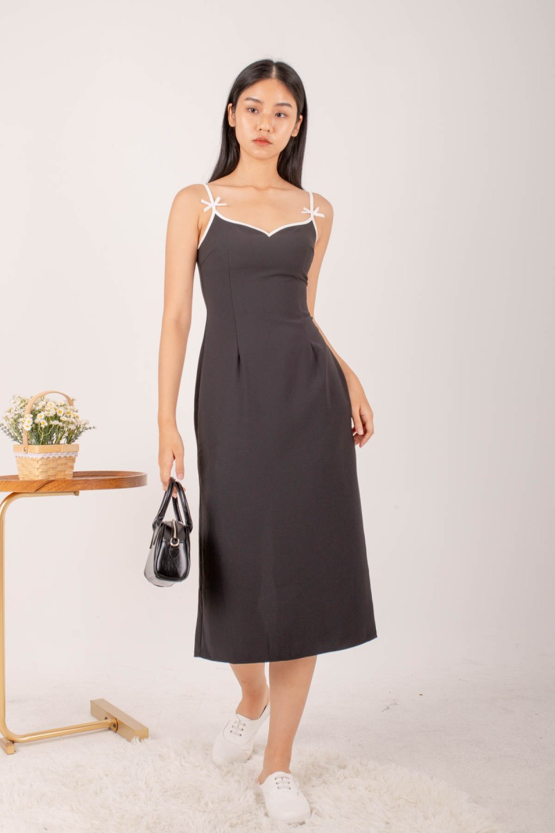 Reagan Ribbon Midi Dress in Black