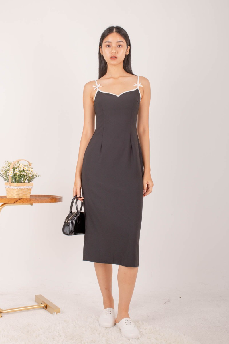 Reagan Ribbon Midi Dress in Black