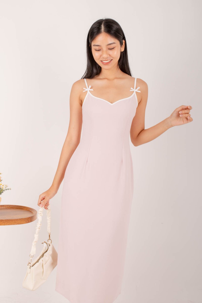 Reagan Ribbon Midi Dress in Pink