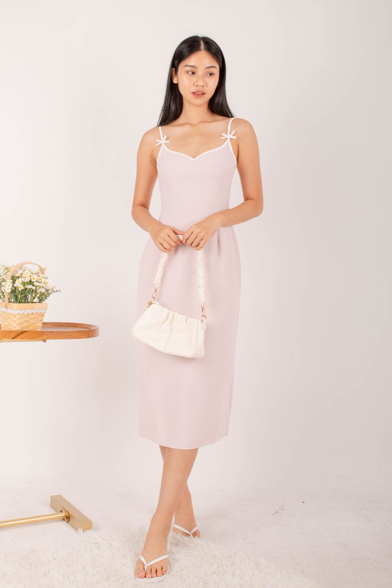 Reagan Ribbon Midi Dress in Pink