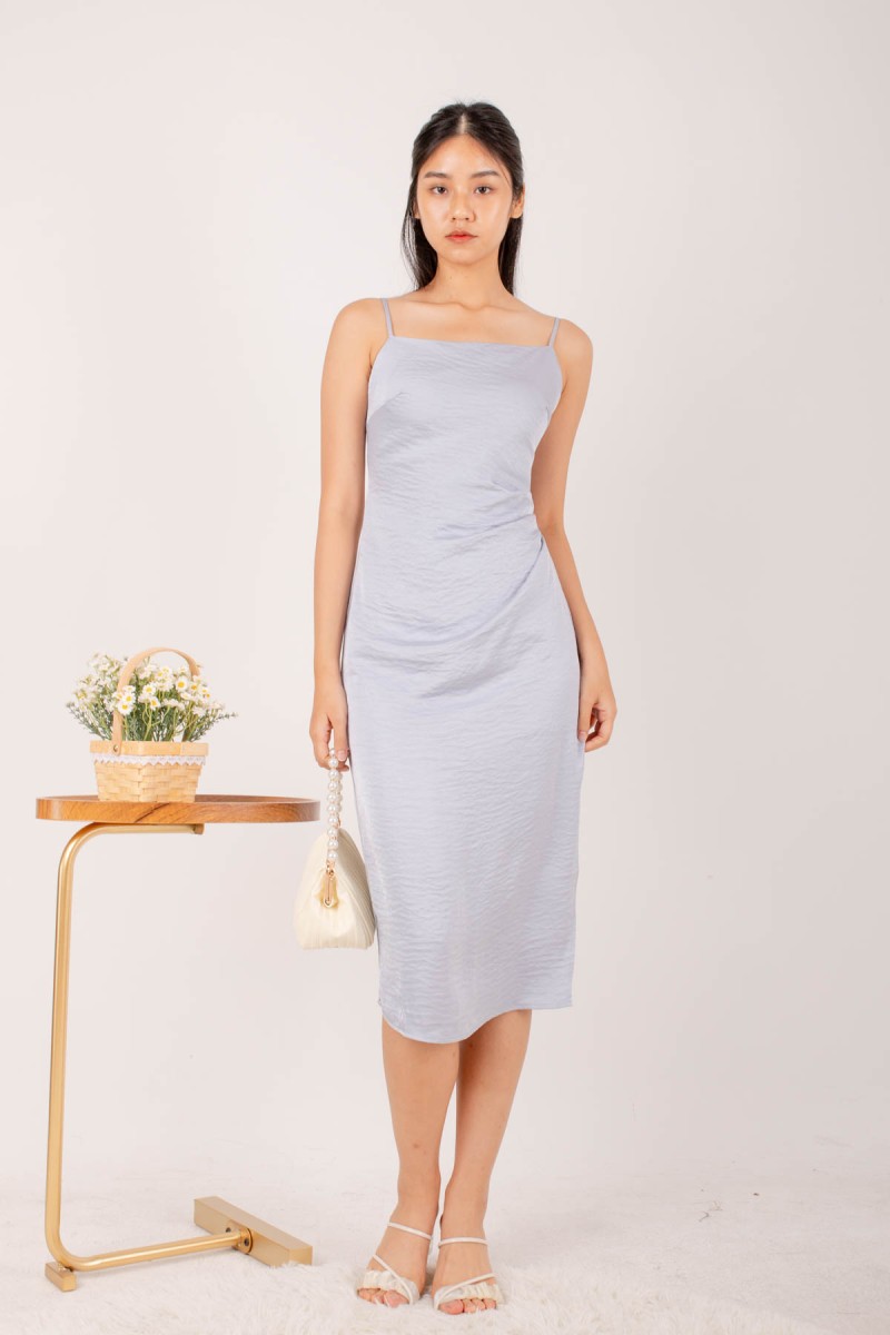 Maggie Side Ruched Midi Dress in Sky Blue