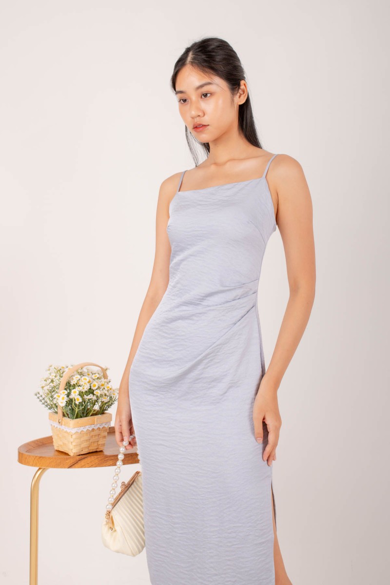 Maggie Side Ruched Midi Dress in Sky Blue