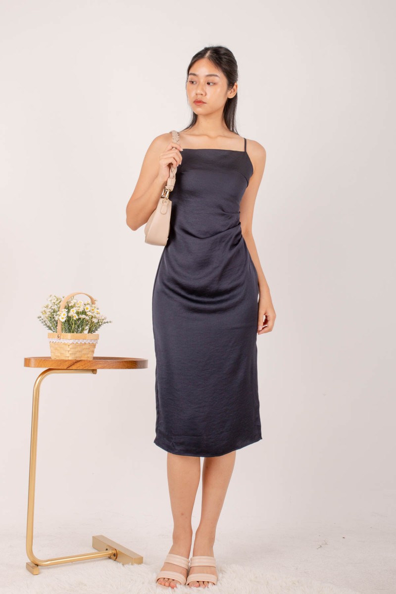 Maggie Side Ruched Midi Dress in Black