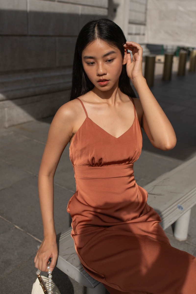 Christina Satin Maxi Dress in Rust