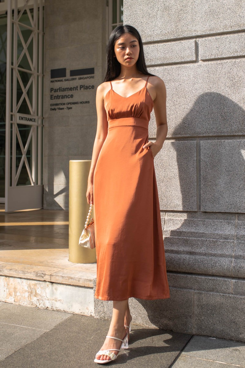 Christina Satin Maxi Dress in Rust