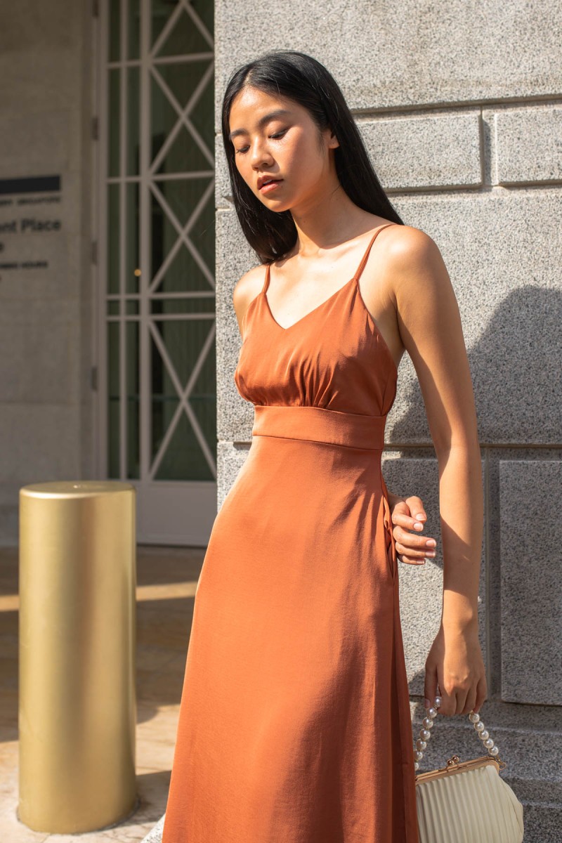 Christina Satin Maxi Dress in Rust