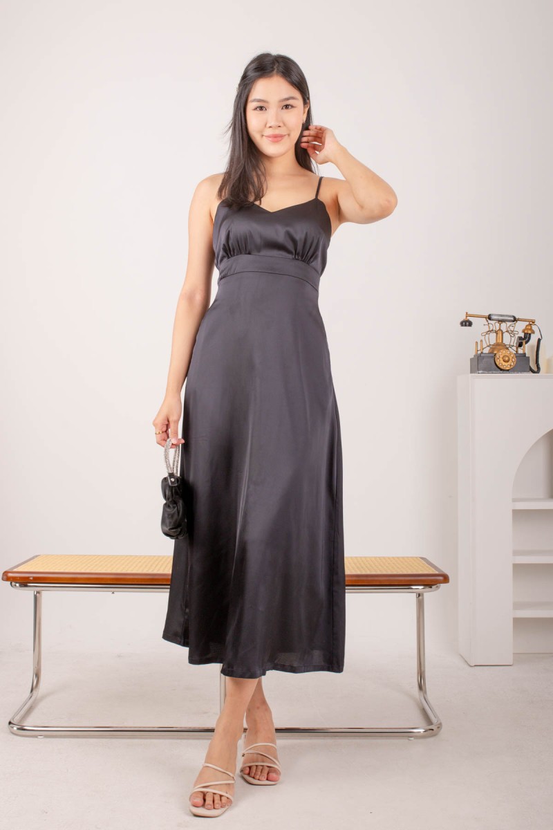 Christina Satin Maxi Dress in Black