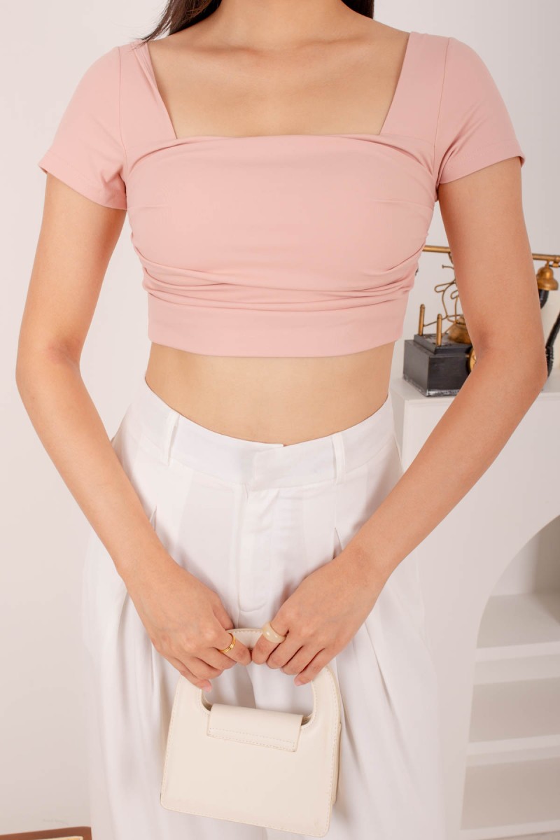 River Padded Ruched Square Neck Top in Pink