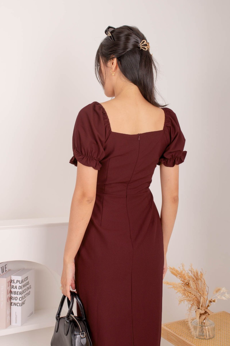 Janice Puff Sleeve Dress in Wine