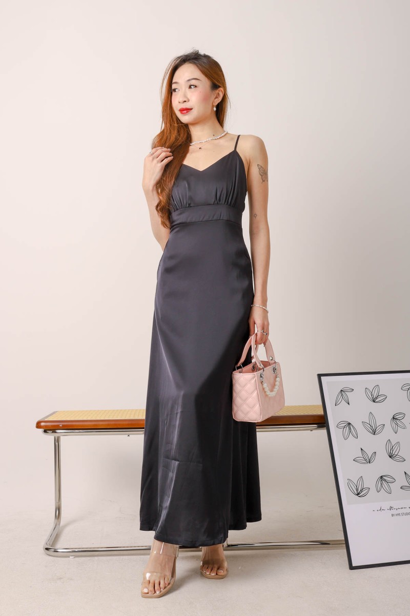 Christina Satin Maxi Dress in Black