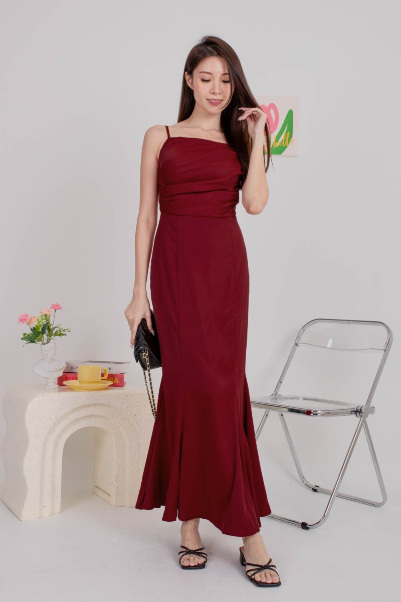 BACKORDERS4: Hadlene Ruched Mermaid Dress in Wine