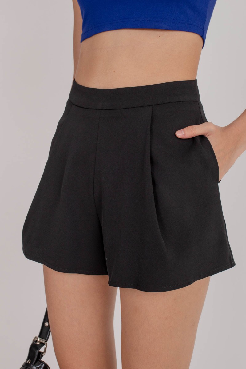 BACKORDERS2: Transition Pleated Flare Shorts in Black