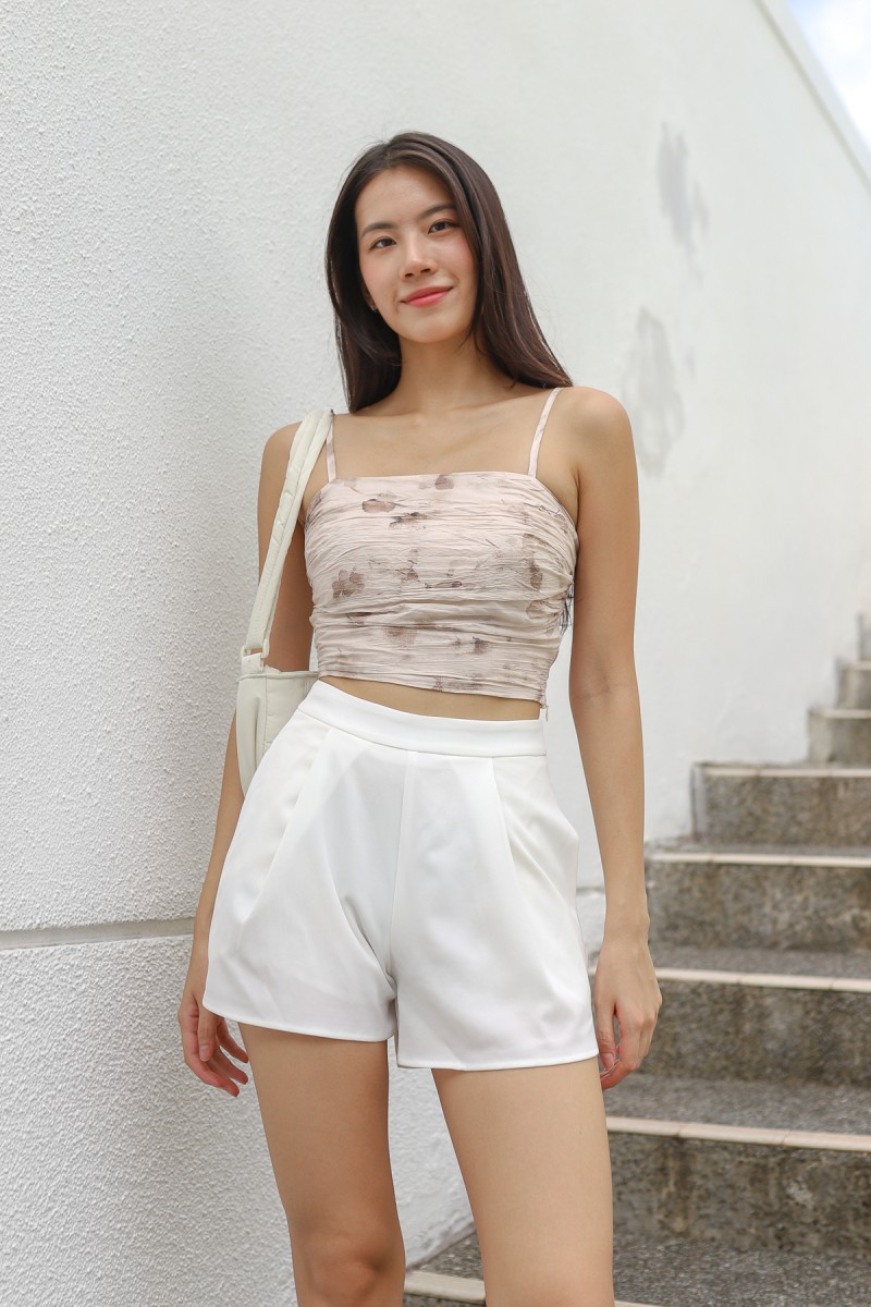 BACKORDERS: Transition Pleated Flare Shorts in White