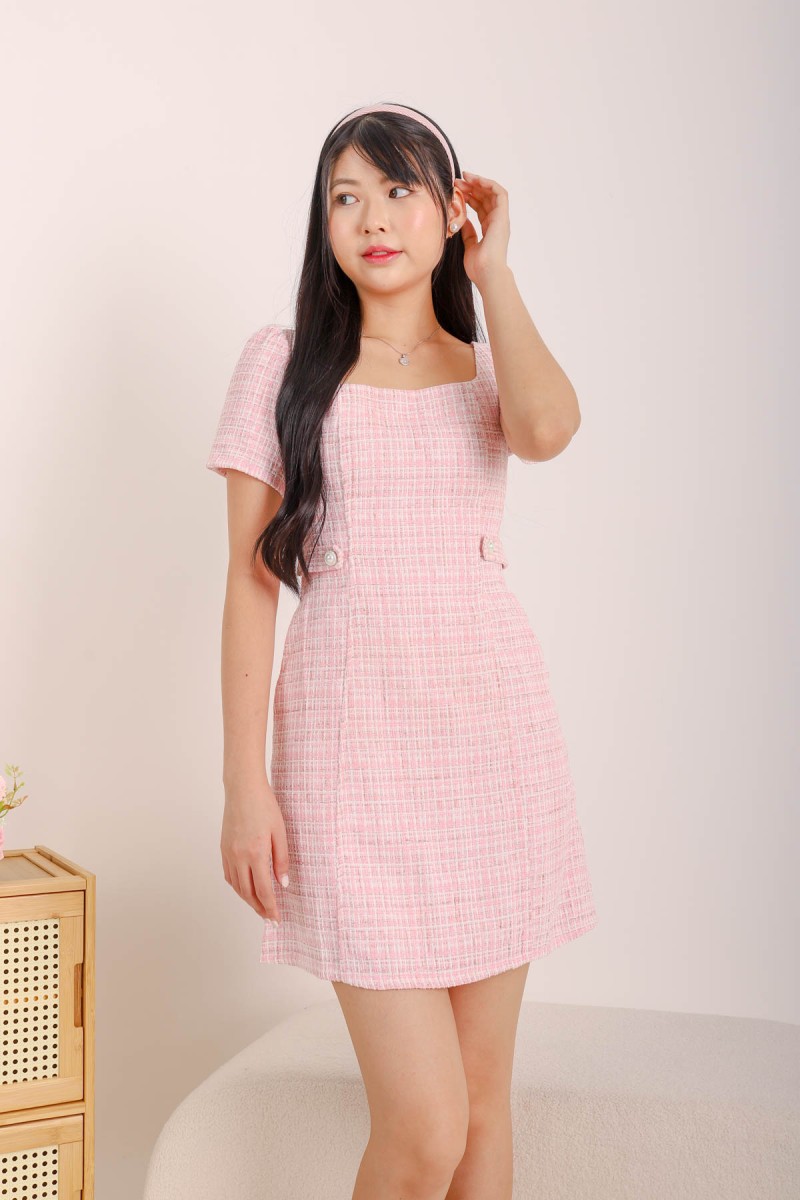 Twilight Tweed Square Neck Dress in Pink