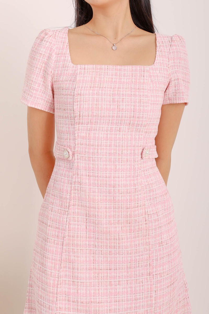 Twilight Tweed Square Neck Dress in Pink