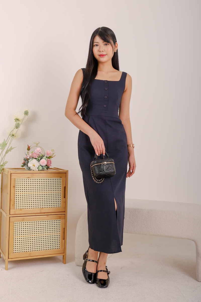 Solace Button Down Maxi Dress in Navy