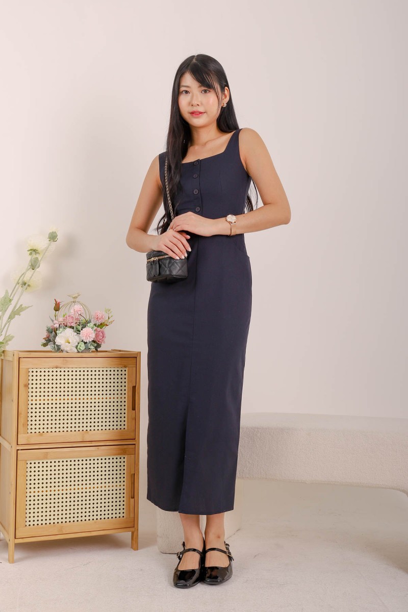 Solace Button Down Maxi Dress in Navy