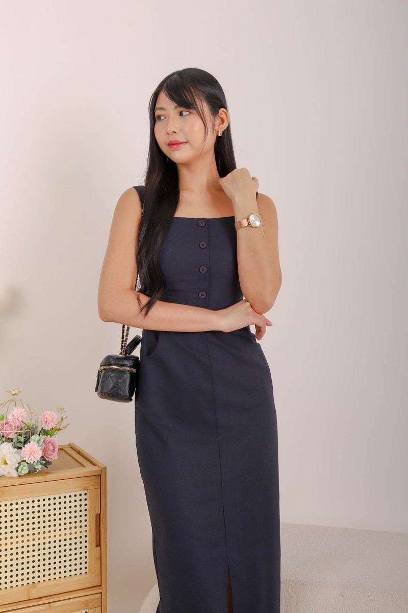 Solace Button Down Maxi Dress in Navy