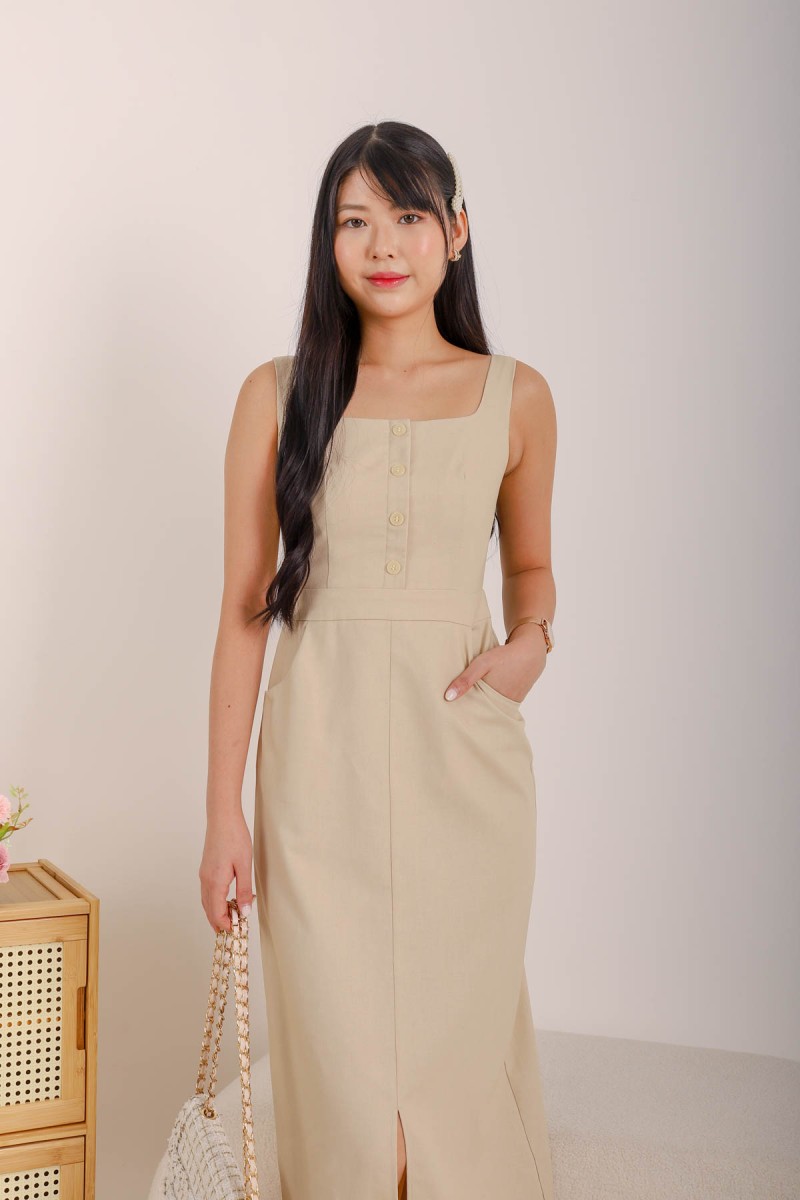 Solace Button Down Maxi Dress in Cream