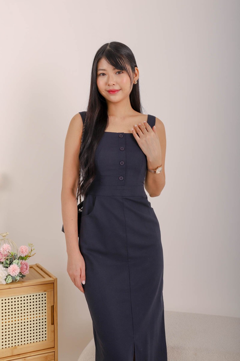 *Xpress-BO* Solace Button Down Maxi Dress in Navy