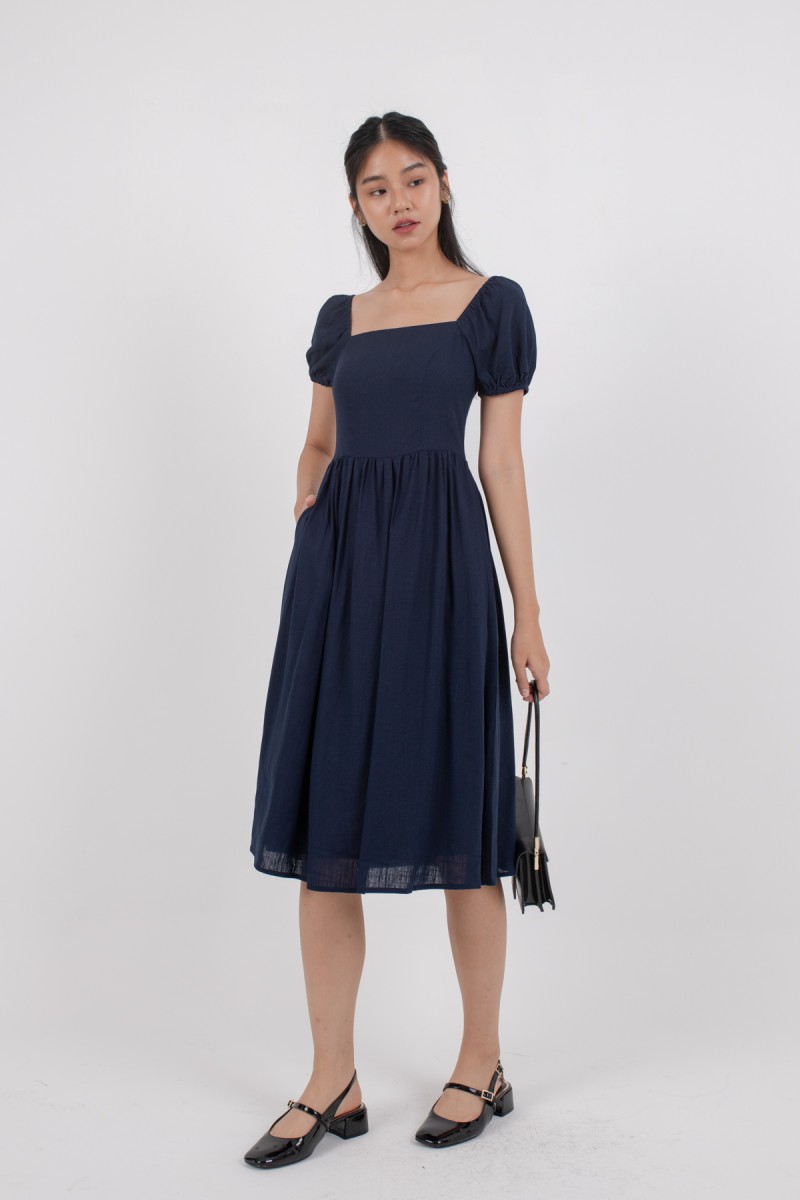 Nia Puffed Sleeve Maxi Dress in Navy