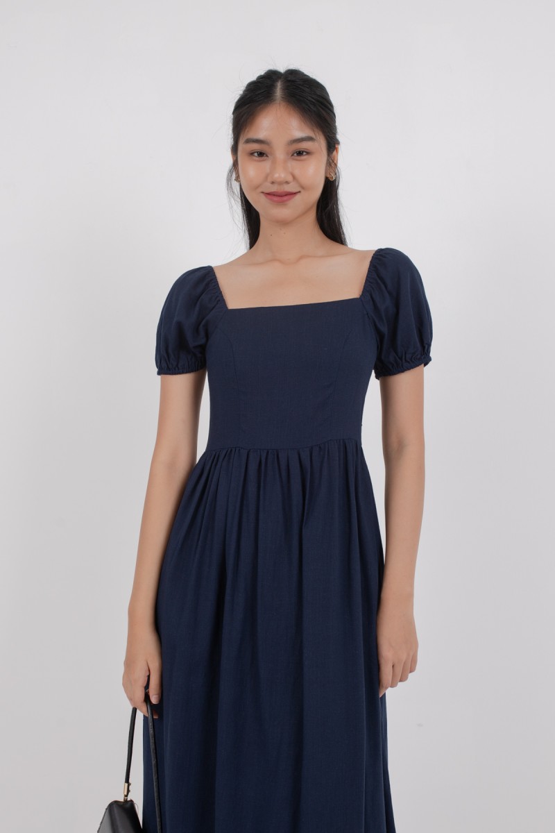 Nia Puffed Sleeve Maxi Dress in Navy