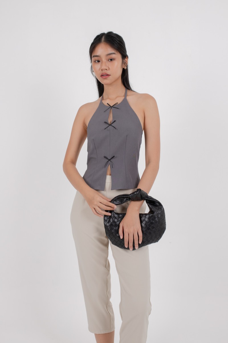 *PREORDER* Vanessa Ribbon Halter Top in Gunmetal