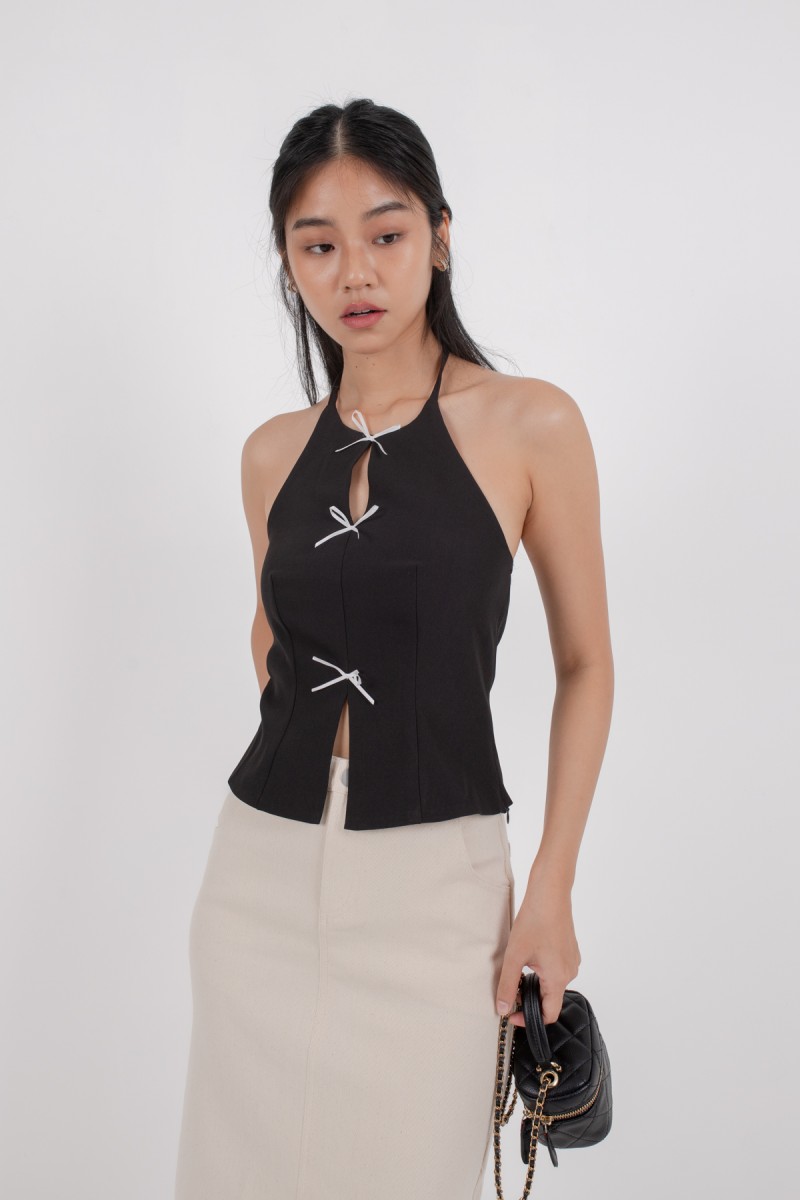 *PREORDER* Vanessa Ribbon Halter Top in Black