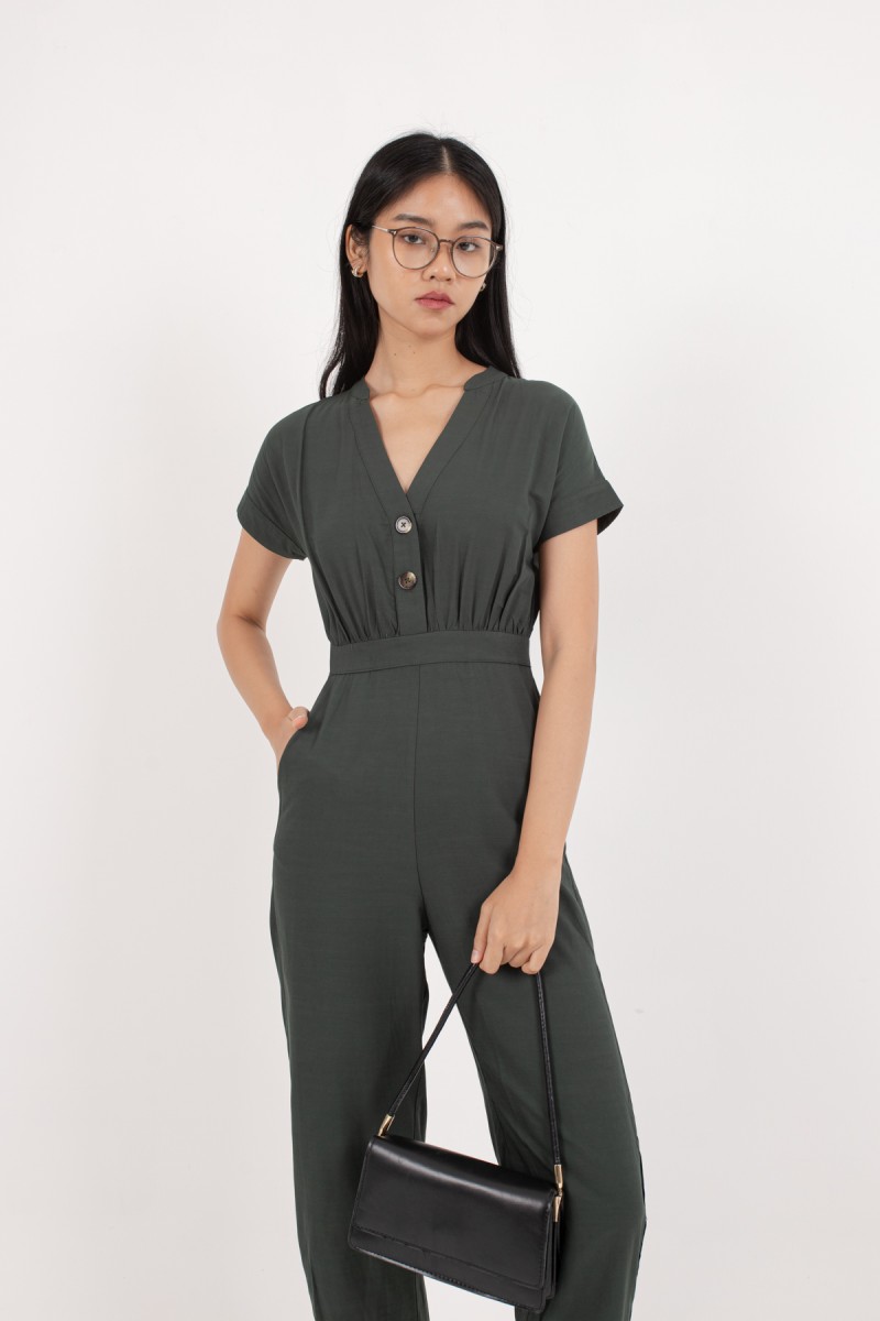 Masie Button Jumpsuit in Forest Green