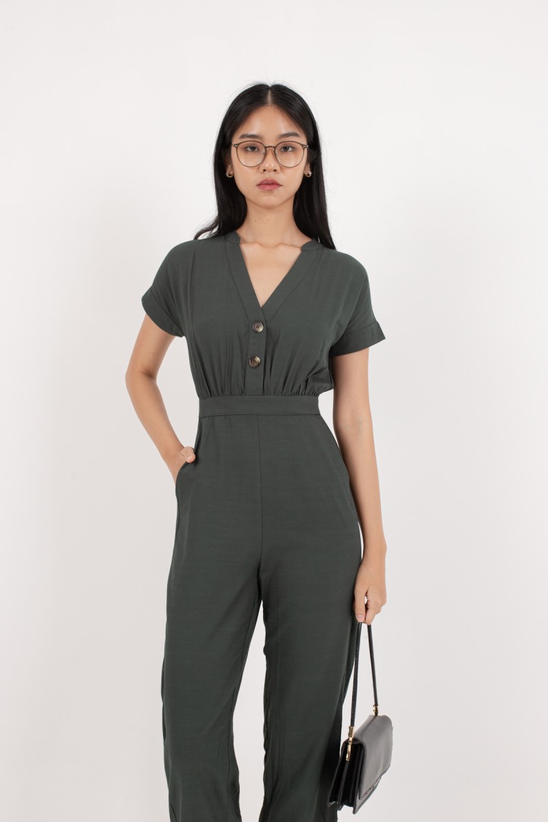 Masie Button Jumpsuit in Forest Green