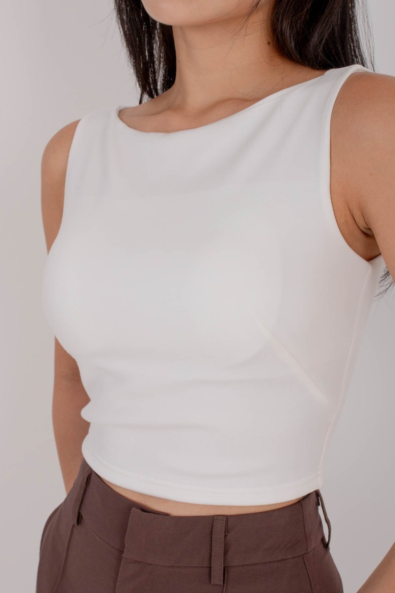 RESTOCK6: Paddle Padded Boat-Neck Top in White