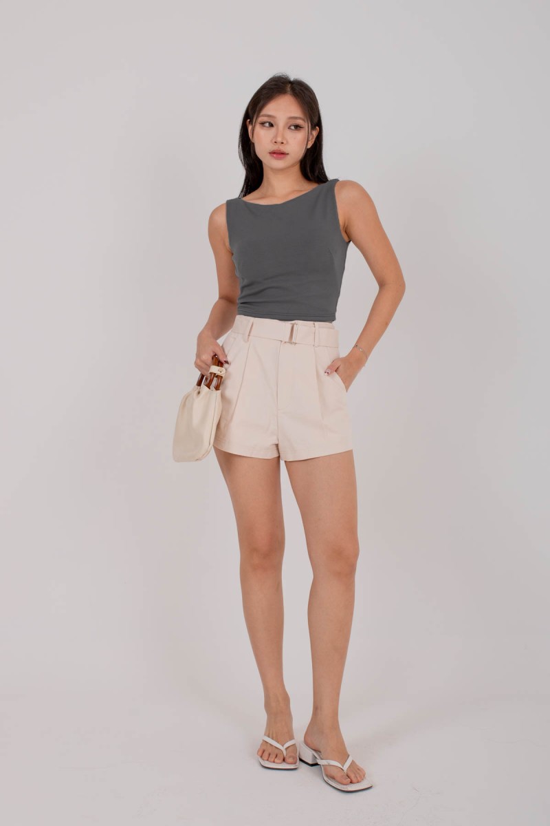 RESTOCK4: Paddle Padded Boat-Neck Top in Steel