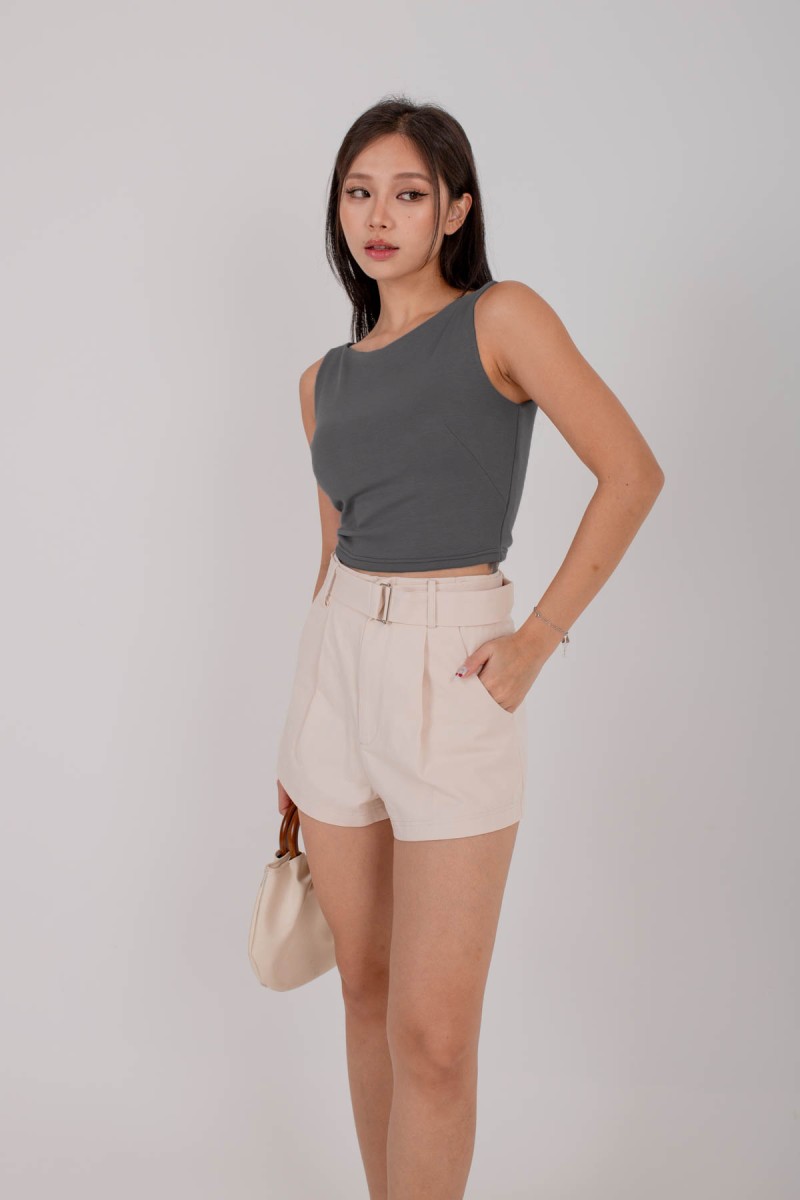 RESTOCK4: Paddle Padded Boat-Neck Top in Steel