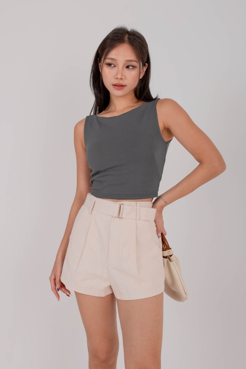 RESTOCK4: Paddle Padded Boat-Neck Top in Steel