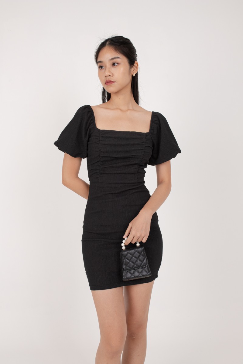 Kora Ruched Puffed Sleeve Dress in Black