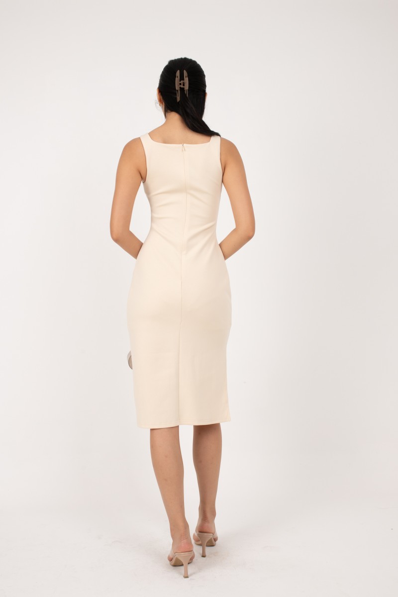 Lilia Side Ruched Work Dress in Cream