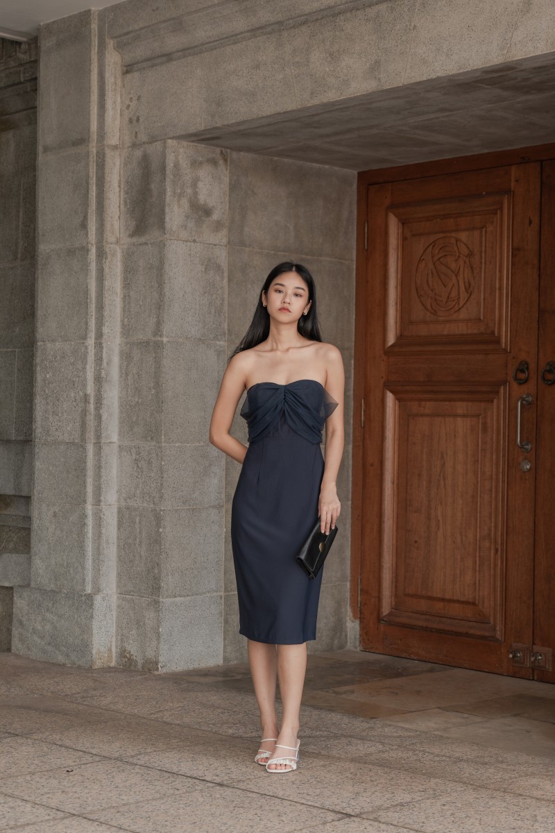 Jeomi Tulle Tube Dress in Navy