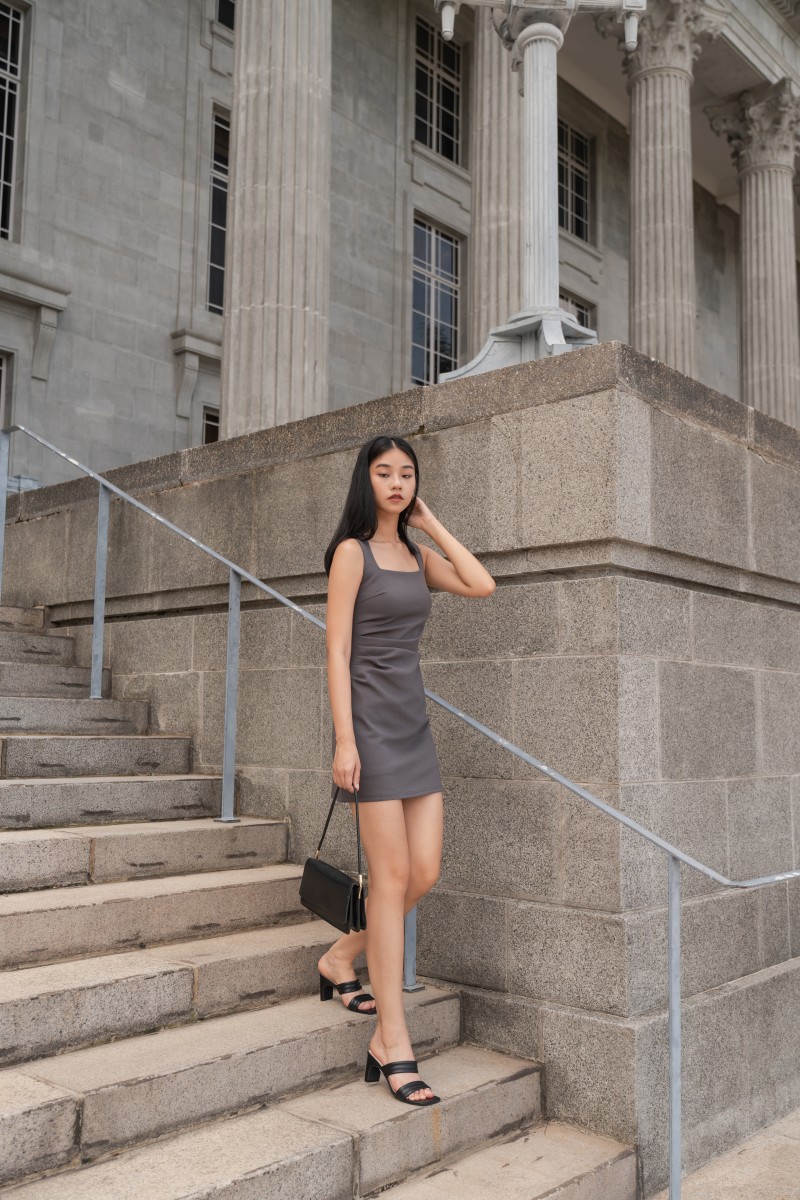 Lilia Side Ruched Work Dress in Gunmetal