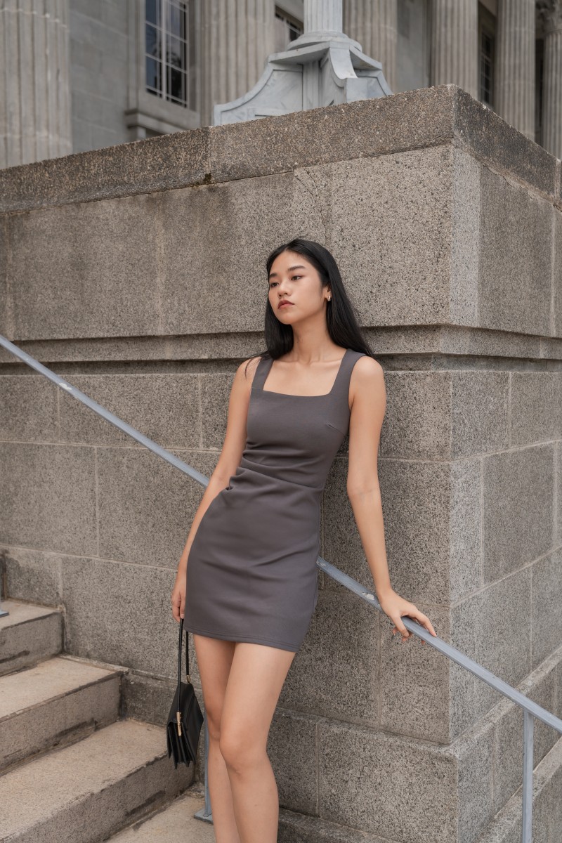 Lilia Side Ruched Work Dress in Gunmetal