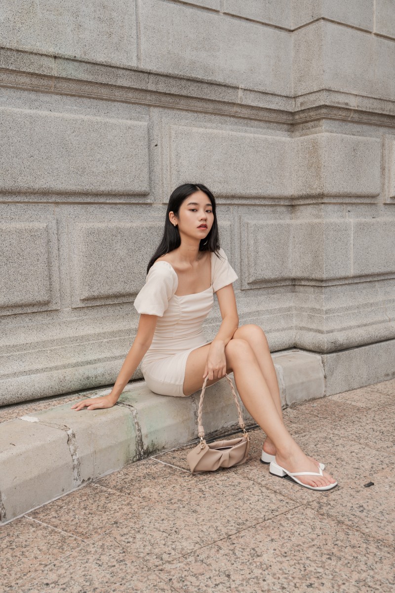 Kora Ruched Puffed Sleeve Dress in Cream