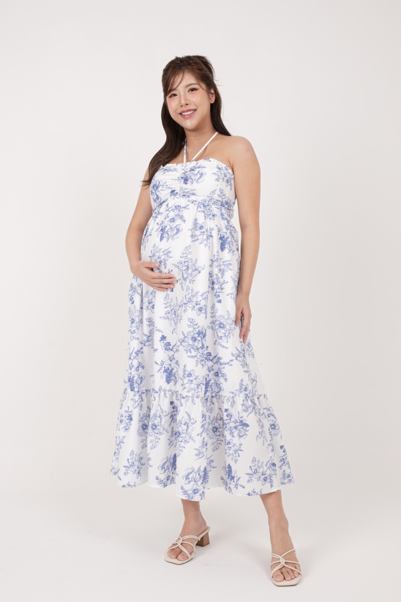 Camelia Padded Floral Halter Dress in Blue