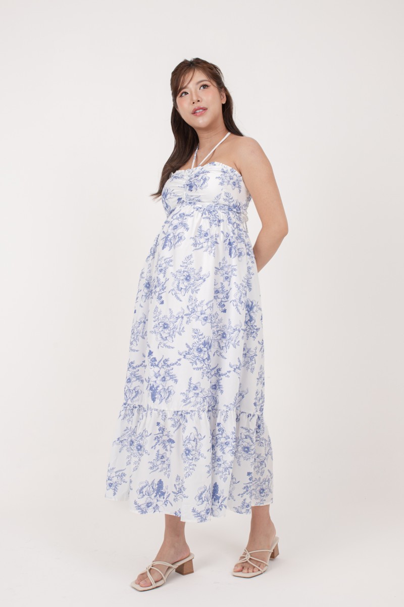 Camelia Padded Floral Halter Dress in Blue