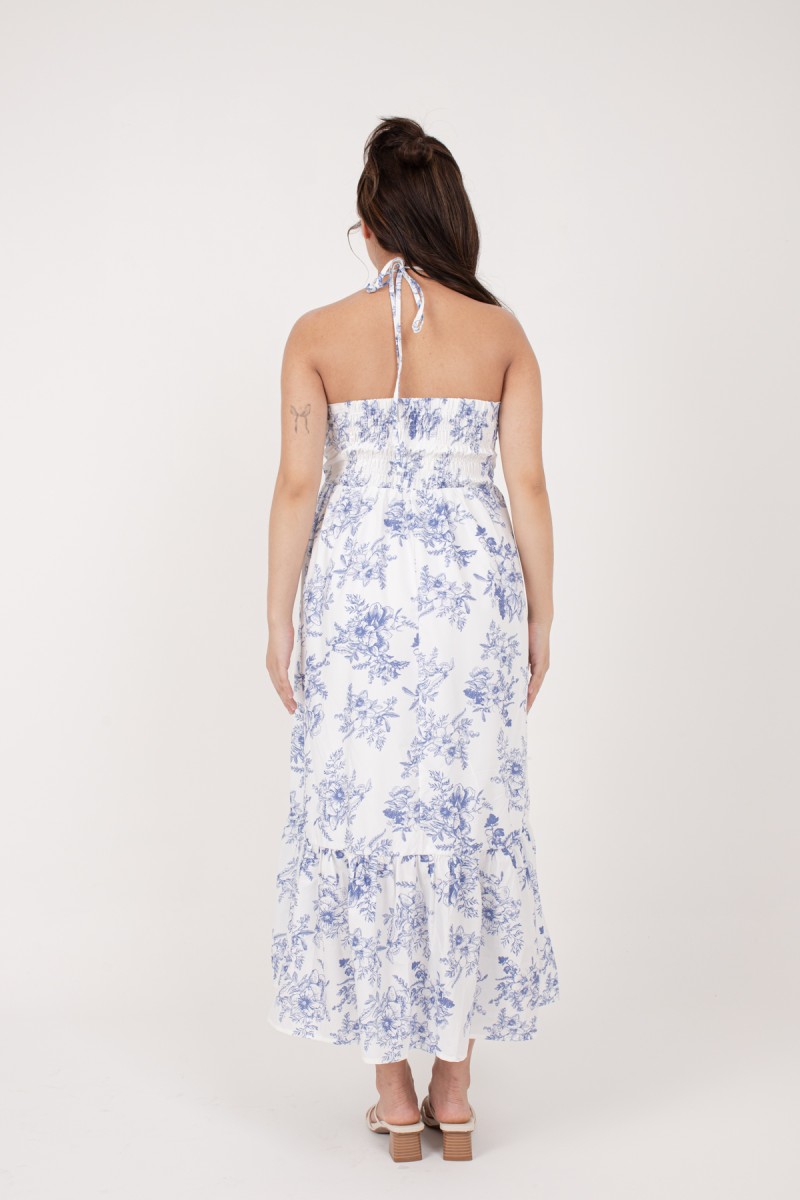 Camelia Padded Floral Halter Dress in Blue