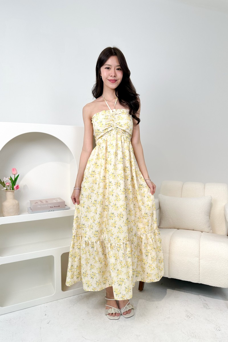 Camelia Padded Floral Halter Dress in Yellow