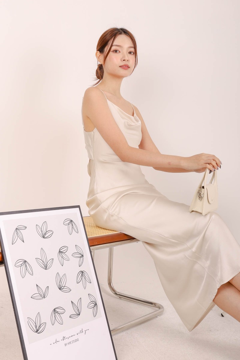 BACKORERS: Sandy Satin Cowl Neck Maxi Dress in Cream