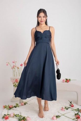 RESTOCK: Emmeline Pleated V-Dip Flare Maxi in Midnight