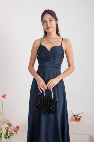 RESTOCK: Emmeline Pleated V-Dip Flare Maxi in Midnight