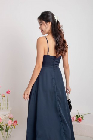 RESTOCK: Emmeline Pleated V-Dip Flare Maxi in Midnight