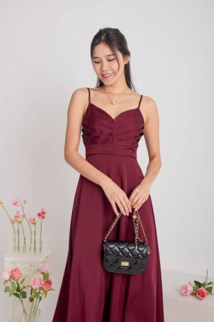 RESTOCK: Emmeline Pleated V-Dip Flare Maxi in Wine